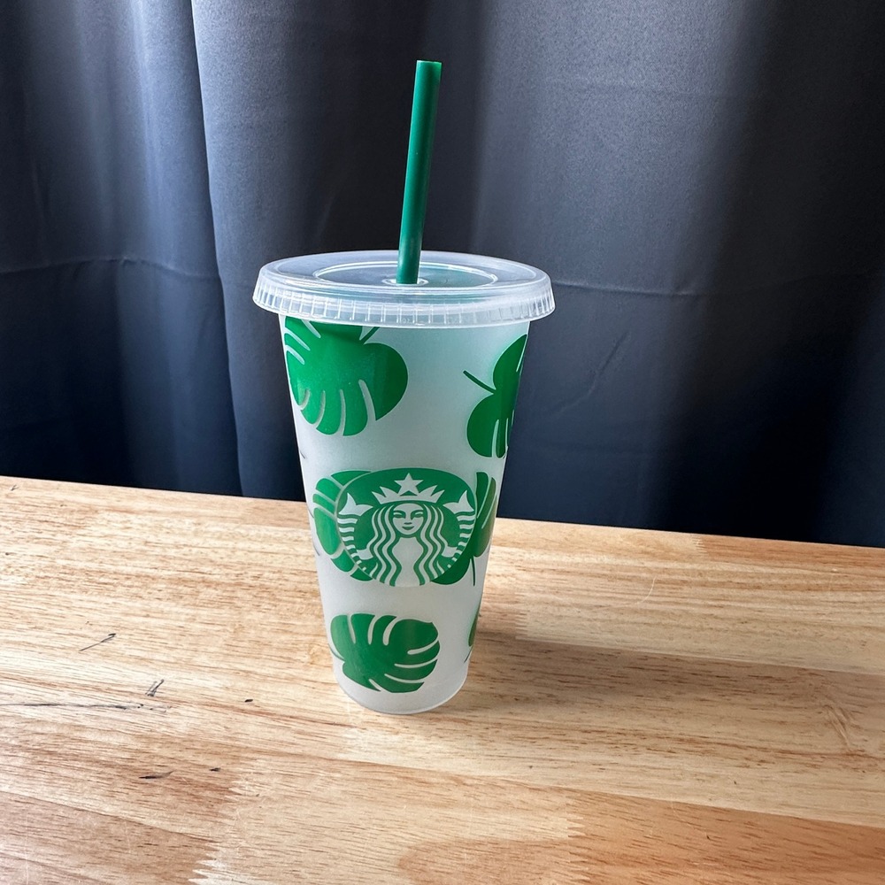 Starbucks Monstera Leaf Reusable Cold Cup 24oz Venti Frosted Tumbler Green Straw
